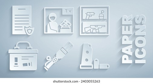 Set Anti-tank hand grenade, Hunting shop weapon, Military ammunition box, Gun magazine bullets, Advertising and Firearms license certificate icon. Vector
