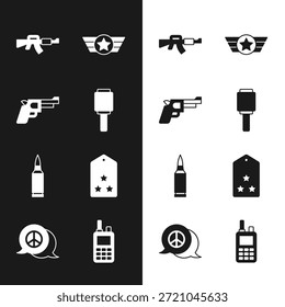 Definir granada de mão anti-tanque, Pistola ou arma, M16A1 rifle, Estrela Americana militar, bala, patente militar, Walkie talkie e ícone da Paz. Vetor