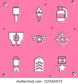 Fijar granada de mano antitanque, llama de antorcha, mano, binoculares, ejército estadounidense de estrella, deporte de destino, lanzacohetes e icono de Chevron. Vector