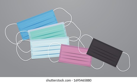 set antiviral medical respiratory face masks protection against coronavirus prevention of virus spreading and pandemic covid-19 health care surgical concept horizontal vector illustration