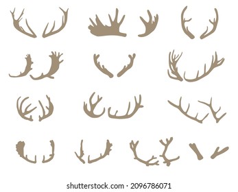 Set of antlers silhouettes of different shapes on a white background.