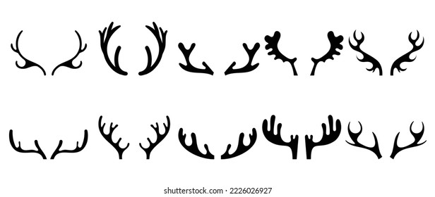 Set of antlers vector illustration. Collection of black deer antlers and horns silhouette isolated on white background. Design suitable for sticker, card, comic, print, poster, logo, decoration.