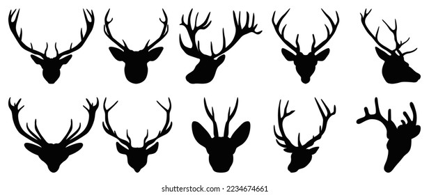 Set of antlers vector illustration. Collection of black deer antlers and horns silhouette isolated on white background. Design suitable for sticker, card, comic, print, poster, logo, decoration.