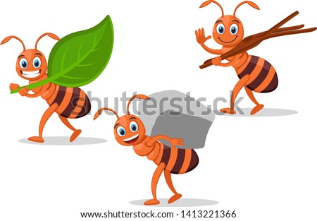 Set ants carry leaf, stone and tree branches on a white.