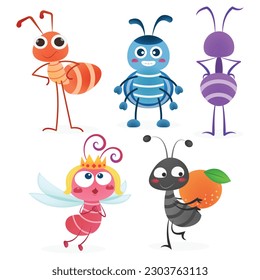 Set of ants vector illustration cartoon isolated on white background. Cute ant insects vector cartoon.