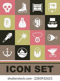 Set Anvil für Schmiedekunst, Hühnerbein, Viking Schiff Drakkar, antike Schatztruhe, Alte Geldtasche, Magic Rune, Schädel und Gem Stein Symbol. Vektorgrafik