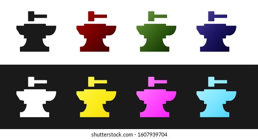 Set Anvil for blacksmithing and hammer icon isolated on black and white background. Metal forging. Forge tool.  Vector Illustration