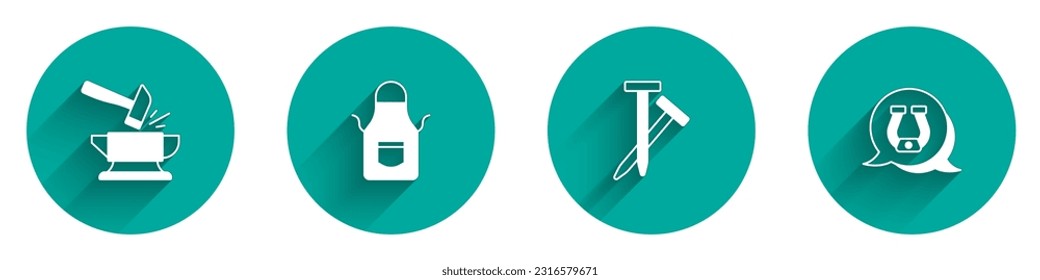Ponga Anvil y martillo, delantal de herrero, uñas metálicas e icono de herradura con sombra larga. Vector