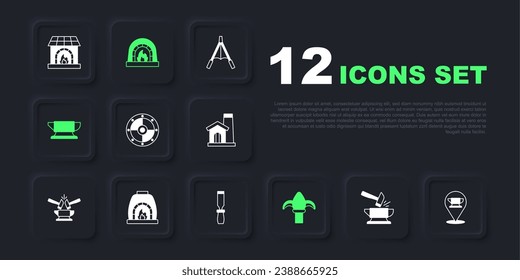 Set Anvil and hammer, Blacksmith anvil tool, Round shield, Classic iron fence, oven,  and Rasp metal file icon. Vector