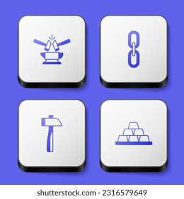 Set Anvil and hammer, Chain link, Hammer and Gold bars icon. White square button. Vector
