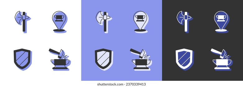 Set Anvil and hammer, Mittelalterliche Axt, Schild und Schmied Anvil Werkzeugsymbol. Vektorgrafik