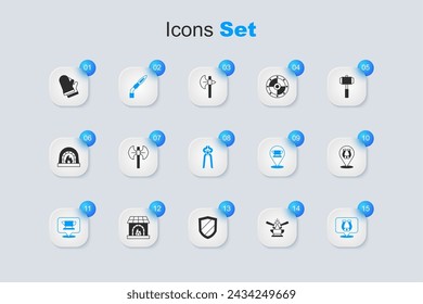 Conjunto Yunque y martillo, Tiro medieval, Antorcha de soldadura, herramienta Yunque herrero, Herradura, Guantes de protección y el icono de alicates. Vector
