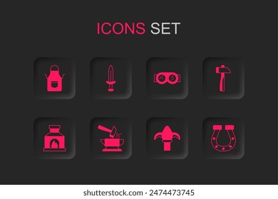 Conjunto Yunque y martillo, Espada medieval, Delantal de herrero, Valla de hierro clásico, Martillo, Herradura, Vidrios de soldadura e icono de horno. Vector