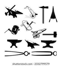 Set of anvils,hammers and design elements for blacksmith labels and badges.