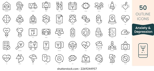 Set of anxiety and depression icons. Thin linear style icons Pack. Vector Illustration