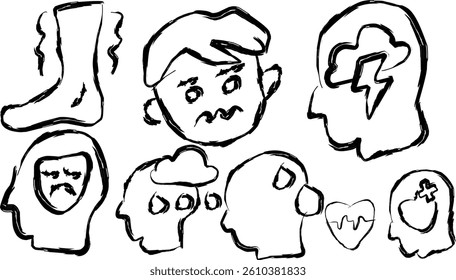 Set of anxiety icons in doodle style. hand drawn icons of anxiety, sad feelings, nervous face, stress brain, trauma, sweating and more.