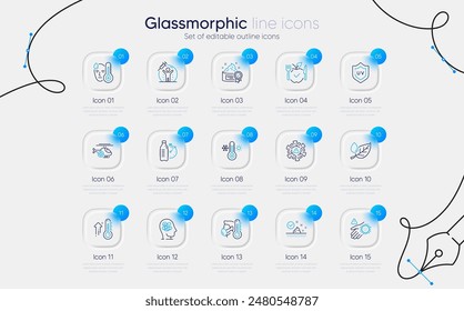 Set of Anxiety, Skin care and Vegetarian food line icons for web app. Leaf dew, Vaccine protection, Fitness water icons. Wash hand, Medical helicopter, Cream signs. Sick man, Coronavirus. Vector