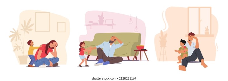 Set of Anxious Tired Dad and Mom with Little Children. Parents Depression, Tiredness, Anxiety. Depressed Sleepy Characters at Home with Baby, Parenting Fatigue. Cartoon People Vector Illustration