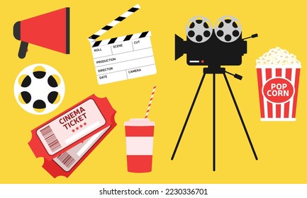 Set of any elements about cinema movie film. Camera, popcorn, coda, cinema ticket, megaphone, movie clapperboard, film reel. Vector illustration.
