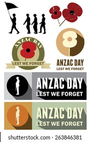 Set of Anzac Day labels on white background, vector