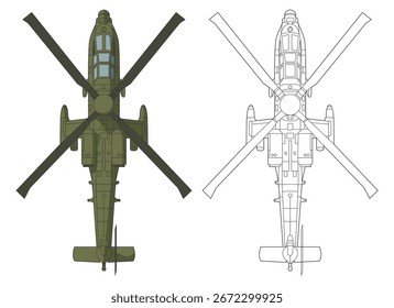 Establecer un diseño de helicóptero militar apache en color y estilo lineal desde la vista superior. Ilustraciones vectoriales avión colorido de Estados Unidos.