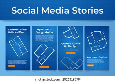 Set of apartment design guide poster social media stories vector flat illustration. Collection apartments for rent map application user interface. Landing page floor plan architectural project sketch