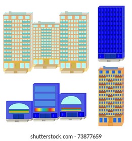 Set from apartment houses and shopping center on a white background