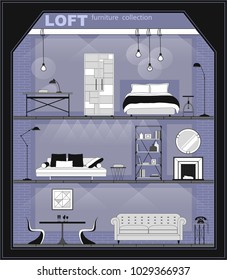 Set of apartment interiors with furniture icons, black and white. Detailed interior with living room, bedroom, and hall in loft flat style, front view. Vector illustration.