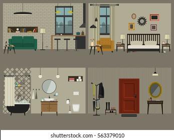 Set Of Apartment Interiors With Furniture Icons. Interior With Living Room, Bedroom, Bathroom And Hall In Flat Style.