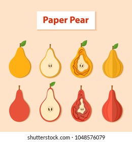 Set of aper cut pear. Vector illustration. Paper art style apple. Origami concept. Vector yellow and red paper cut design in the form of pear for design of food packaging, detox, cosmetics, jam juice