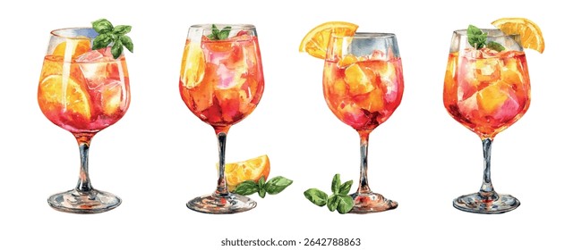 Set of Aperol cocktails png. Watercolor glass with Aperol filled with ice and a slice of apellemin, and decorated with mint. Summer refreshing alcoholic and non-alcoholic drinks. Vector illustration.