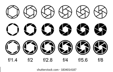 Juego de iconos de apertura. Símbolos de diafragma de lente de cámara. Señales de obturación de cámara. Números de valor de apertura.