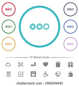 Set aperture size flat color icons in circle shape outlines. 12 bonus icons included.