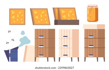 Set Of Apiary Farm Equipment. Beehives, Smoker, Glass Jar And Frame With Honeycombs Isolated On White Background