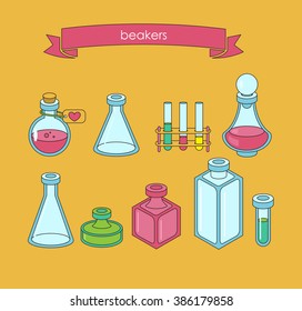 Set of  apothecary and medical beakers, laboratory flasks
