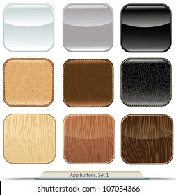 Set of app buttons with glossy, wood, and leather texture