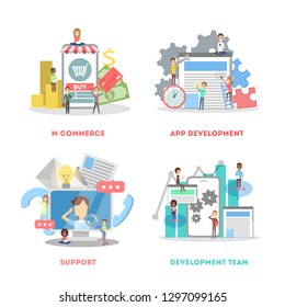 Set of app development web banner. Support and development team, m-commerce. Modern technology and smartphone. Isolated flat vector illustration