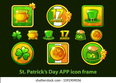 Set of app icons in a frame for St. Patrick's Day on a green background. Symbols of holiday clover, flag of Ireland, hat, coins, shamrock.