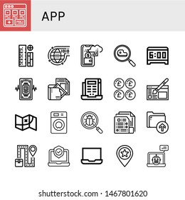 Set of app icons such as Add, Rulers, Programming, Cashless, Search, Alarm clock, Smartwatch, Document, Laptop, Pound, Website design, Map, Washing machine, Bug, Upload , app