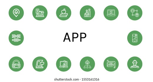Set of app icons. Such as Park location, Smart home, Apple, City, Web design, Gps, Ar, Dog, Discount, Flow, Blueprint, Engineer, Link , app icons