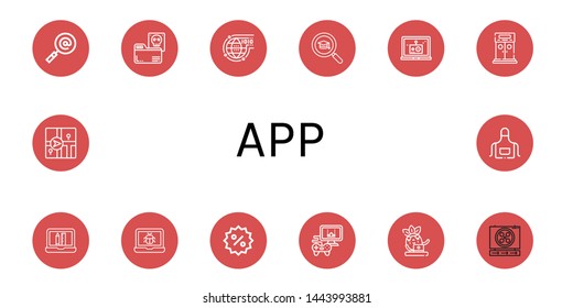 Set of app icons such as Search, Documents, Programming, Laptop, Entrance, Web design, Bug, Discount, Videogame, Sign, Navigator, Apron , app