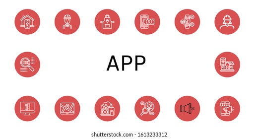 Set of app icons. Such as Smart home, Engineer, Apron, Mobile payment, Smartwatch, Design, Map, Devices, Search, Mute, Mobile , app icons