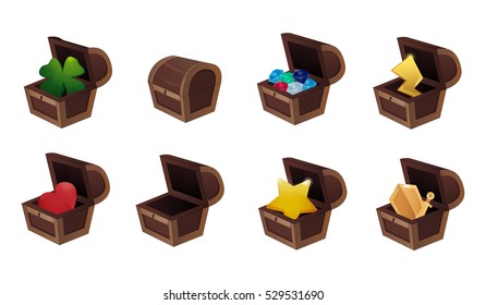 Set of app store game icons, vector illustration, item in chest full, closed, empty chest
