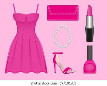 the set of apparel and accessories of pink color