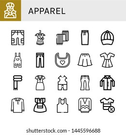 Set of apparel icons such as Biker, Shorts, Dress, Scarf, Pencil skirt, Baseball cap, Overall, Jeans, Bib, Skirt, Clothes, Shirt, Polo shirt, Undershirt, Long sleeve , apparel