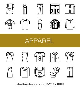 Set of apparel icons. Such as Jumper, Clothes, Overall, Polo shirt, Jeans, Dress, Short, Jacket, Skirt, T shirt, Bib, Shirt, Shirts, Trousers , apparel icons