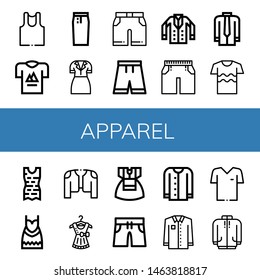 Set of apparel icons such as Undershirt, T shirt, Pencil skirt, Dress, Shorts, Short, Jacket, Shirt, Clothes, Coat, Swimming trunks, Cardigan, Tshirt, Long sleeve , apparel