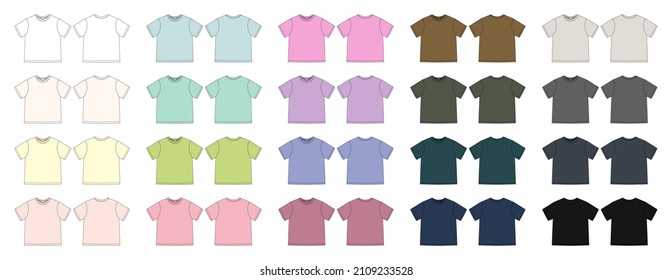 Set of apparel technical sketch unisex t shirt. T-shirt design template collection. Different colors. Front and back views. Vector CAD technical fashion illustration.