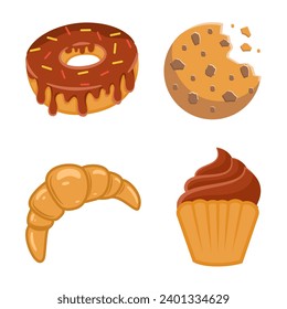 A set of appetizers; Cupcake, croissant, donuts with melted chocolate topping, biscuits, designed in a flat cartoon style. Food concept vector.
