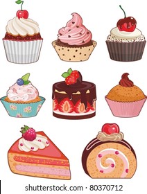 Set of appetizing cakes with different berries and stuffings